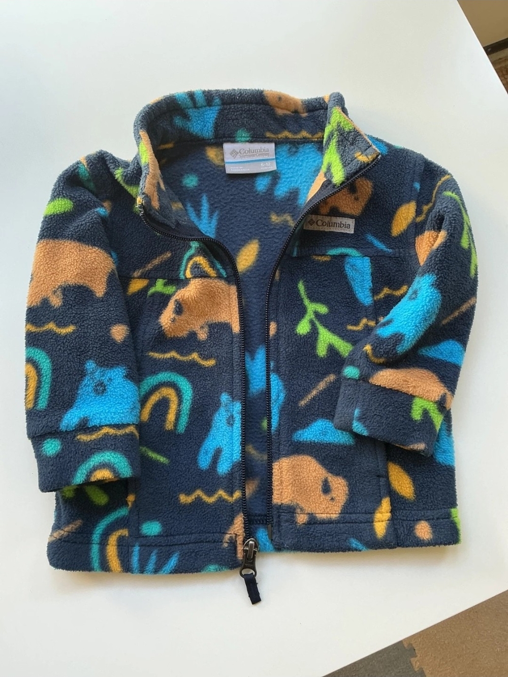 Columbia Navy Fleece Jacket with Blue, Tan & Green Animal Prints